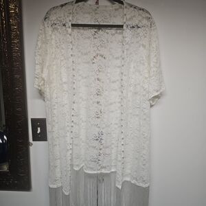 White Open Lace Duster With Pearls XL By Shein